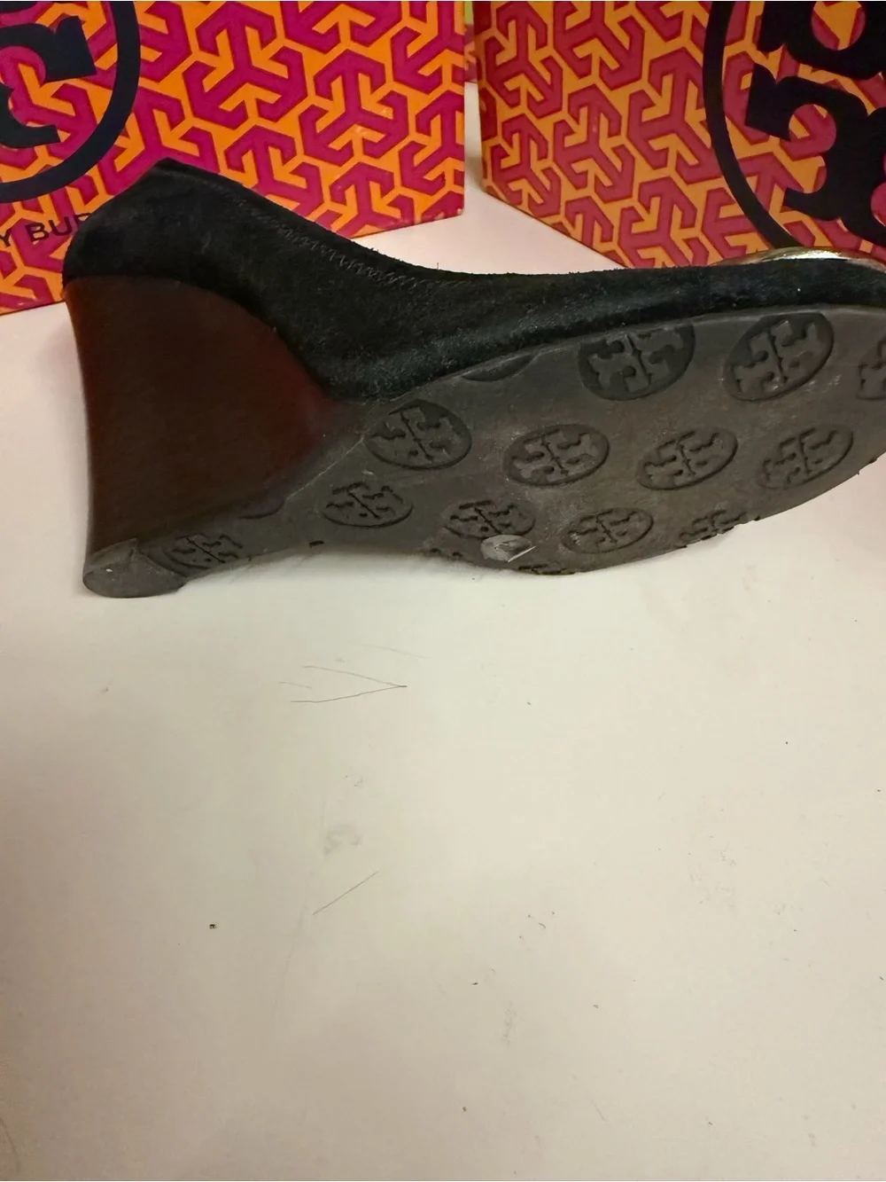 Tory Burch Black Suede Wedge Pumps with Gold Logo Medallion